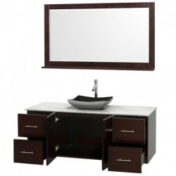 60 inch Single Bathroom Vanity in Espresso, White Carrera Marble Countertop, Altair Black Granite Sink, and 58 inch Mirror