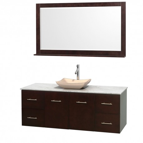 60 inch Single Bathroom Vanity in Espresso, White Carrera Marble Countertop, Avalon Ivory Marble Sink, and 58 inch Mirror