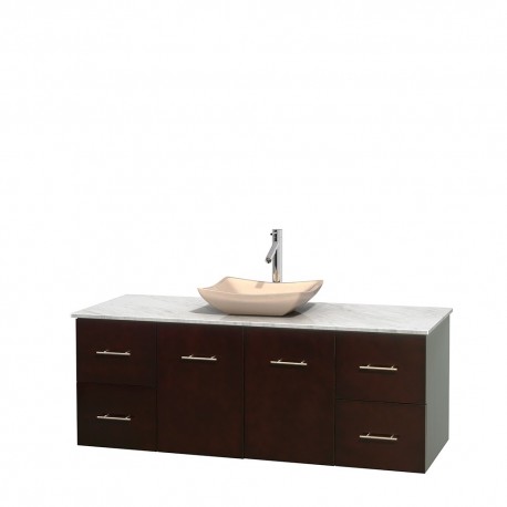60 inch Single Bathroom Vanity in Espresso, White Carrera Marble Countertop, Avalon Ivory Marble Sink, and No Mirror