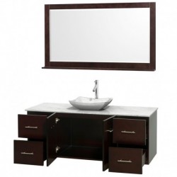 60 inch Single Bathroom Vanity in Espresso, White Carrera Marble Countertop, Avalon White Carrera Marble Sink, and 58 inch Mirr