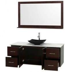 60 inch Single Bathroom Vanity in Espresso, White Carrera Marble Countertop, Arista Black Granite Sink, and 58 inch Mirror
