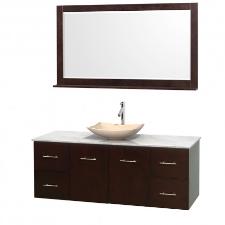 60 inch Single Bathroom Vanity in Espresso, White Carrera Marble Countertop, Arista Ivory Marble Sink, and 58 inch Mirror