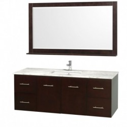 60 inch Single Bathroom Vanity in Espresso, White Carrera Marble Countertop, Square Porcelain Undermount Sink, and 58 inch Mirr