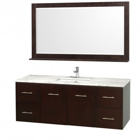 60 inch Single Bathroom Vanity in Espresso, White Carrera Marble Countertop, Square Porcelain Undermount Sink, and 58 inch Mirr