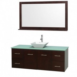 60 inch Single Bathroom Vanity in Espresso, Green Glass Countertop, Pyra White Porcelain Sink, and 58 inch Mirror