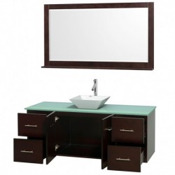 60 inch Single Bathroom Vanity in Espresso, Green Glass Countertop, Pyra White Porcelain Sink, and 58 inch Mirror