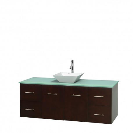 60 inch Single Bathroom Vanity in Espresso, Green Glass Countertop, Pyra White Porcelain Sink, and No Mirror