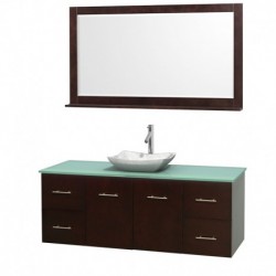 60 inch Single Bathroom Vanity in Espresso, Green Glass Countertop, Avalon White Carrera Marble Sink, and 58 inch Mirror
