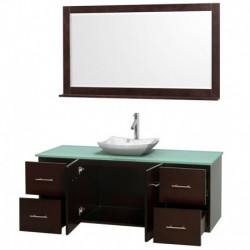 60 inch Single Bathroom Vanity in Espresso, Green Glass Countertop, Avalon White Carrera Marble Sink, and 58 inch Mirror