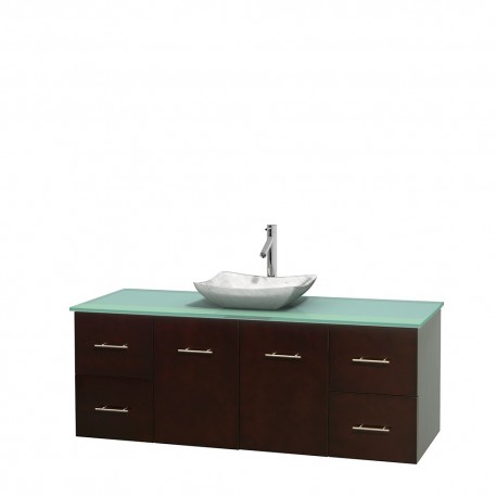60 inch Single Bathroom Vanity in Espresso, Green Glass Countertop, Avalon White Carrera Marble Sink, and No Mirror
