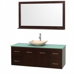 60 inch Single Bathroom Vanity in Espresso, Green Glass Countertop, Arista Ivory Marble Sink, and 58 inch Mirror
