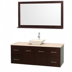 60 inch Single Bathroom Vanity in Espresso, Ivory Marble Countertop, Pyra Bone Porcelain Sink, and 58 inch Mirror