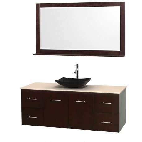 60 inch Single Bathroom Vanity in Espresso, Ivory Marble Countertop, Arista Black Granite Sink, and 58 inch Mirror