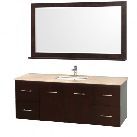60 inch Single Bathroom Vanity in Espresso, Ivory Marble Countertop, Square Porcelain Undermount Sink, and 58 inch Mirror