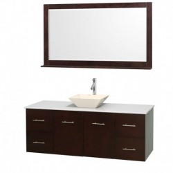 60 inch Single Bathroom Vanity in Espresso, White Man-Made Stone Countertop, Pyra Bone Porcelain Sink, and 58 inch Mirror