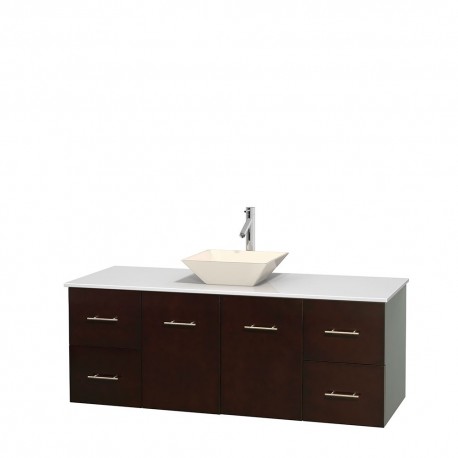 60 inch Single Bathroom Vanity in Espresso, White Man-Made Stone Countertop, Pyra Bone Porcelain Sink, and No Mirror