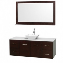 60 inch Single Bathroom Vanity in Espresso, White Man-Made Stone Countertop, Pyra White Porcelain Sink, and 58 inch Mirror