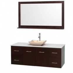 60 inch Single Bathroom Vanity in Espresso, White Man-Made Stone Countertop, Avalon Ivory Marble Sink, and 58 inch Mirror
