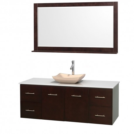 60 inch Single Bathroom Vanity in Espresso, White Man-Made Stone Countertop, Avalon Ivory Marble Sink, and 58 inch Mirror