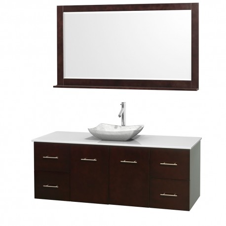 60 inch Single Bathroom Vanity in Espresso, White Man-Made Stone Countertop, Avalon White Carrera Marble Sink, and 58 inch Mirr