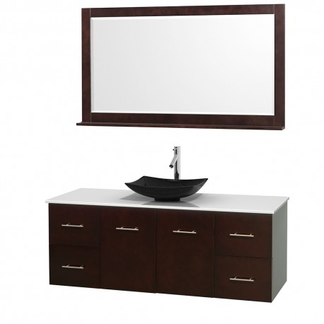 60 inch Single Bathroom Vanity in Espresso, White Man-Made Stone Countertop, Arista Black Granite Sink, and 58 inch Mirror