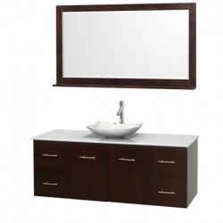 60 inch Single Bathroom Vanity in Espresso, White Man-Made Stone Countertop, Arista White Carrera Marble Sink, and 58 inch Mirr