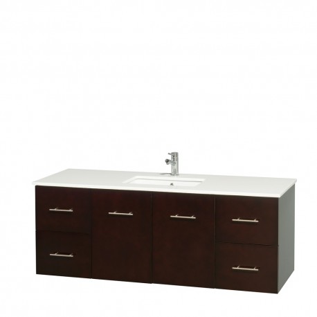 60 inch Single Bathroom Vanity in Espresso, White Man-Made Stone Countertop, Undermount Square Sink, and No Mirror