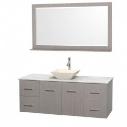 60 inch Single Bathroom Vanity in Gray Oak, White Carrera Marble Countertop, Pyra Bone Porcelain Sink, and 58 inch Mirror