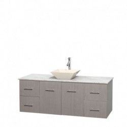60 inch Single Bathroom Vanity in Gray Oak, White Carrera Marble Countertop, Pyra Bone Porcelain Sink, and No Mirror