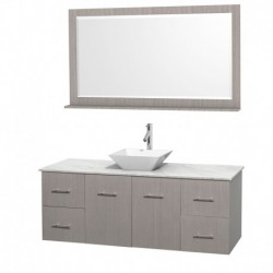 60 inch Single Bathroom Vanity in Gray Oak, White Carrera Marble Countertop, Pyra White Porcelain Sink, and 58 inch Mirror