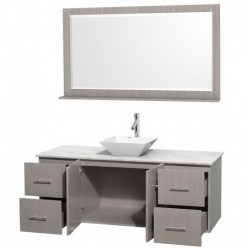 60 inch Single Bathroom Vanity in Gray Oak, White Carrera Marble Countertop, Pyra White Porcelain Sink, and 58 inch Mirror