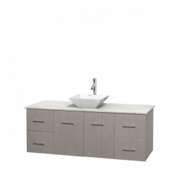 60 inch Single Bathroom Vanity in Gray Oak, White Carrera Marble Countertop, Pyra White Porcelain Sink, and No Mirror