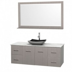 60 inch Single Bathroom Vanity in Gray Oak, White Carrera Marble Countertop, Altair Black Granite Sink, and 58 inch Mirror