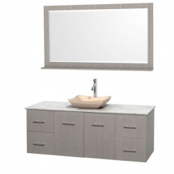 60 inch Single Bathroom Vanity in Gray Oak, White Carrera Marble Countertop, Avalon Ivory Marble Sink, and 58 inch Mirror