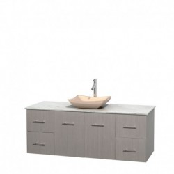 60 inch Single Bathroom Vanity in Gray Oak, White Carrera Marble Countertop, Avalon Ivory Marble Sink, and No Mirror