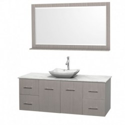 60 inch Single Bathroom Vanity in Gray Oak, White Carrera Marble Countertop, Avalon White Carrera Marble Sink, and 58 inch Mirr