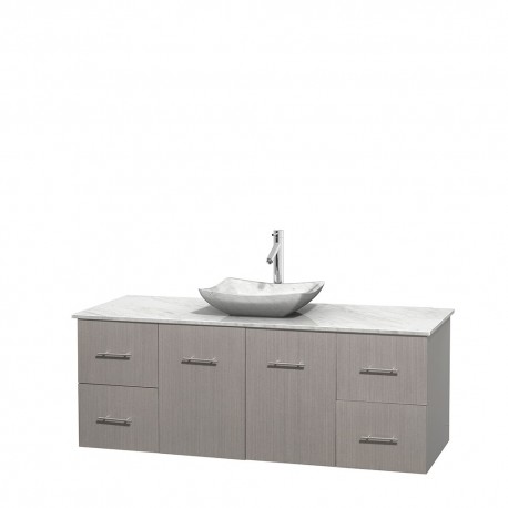 60 inch Single Bathroom Vanity in Gray Oak, White Carrera Marble Countertop, Avalon White Carrera Marble Sink, and No Mirror
