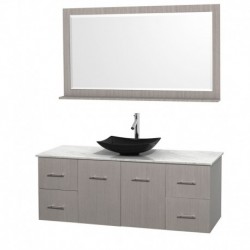 60 inch Single Bathroom Vanity in Gray Oak, White Carrera Marble Countertop, Arista Black Granite Sink, and 58 inch Mirror