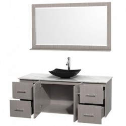 60 inch Single Bathroom Vanity in Gray Oak, White Carrera Marble Countertop, Arista Black Granite Sink, and 58 inch Mirror