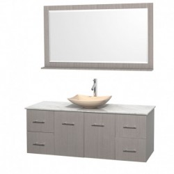 60 inch Single Bathroom Vanity in Gray Oak, White Carrera Marble Countertop, Arista Ivory Marble Sink, and 58 inch Mirror