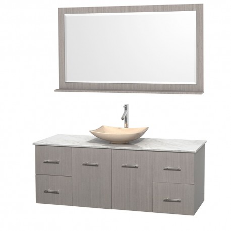 60 inch Single Bathroom Vanity in Gray Oak, White Carrera Marble Countertop, Arista Ivory Marble Sink, and 58 inch Mirror