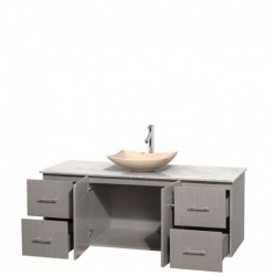 60 inch Single Bathroom Vanity in Gray Oak, White Carrera Marble Countertop, Arista Ivory Marble Sink, and No Mirror