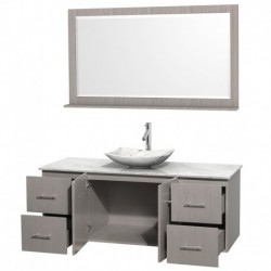 60 inch Single Bathroom Vanity in Gray Oak, White Carrera Marble Countertop, Arista White Carrera Marble Sink, and 58 inch Mirr