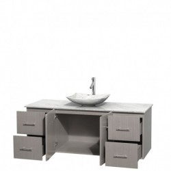 60 inch Single Bathroom Vanity in Gray Oak, White Carrera Marble Countertop, Arista White Carrera Marble Sink, and No Mirror