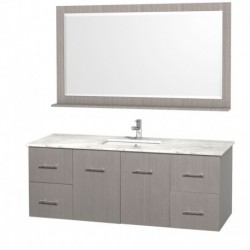 60 inch Single Bathroom Vanity in Gray Oak, White Carrera Marble Countertop, Square Porcelain Undermount Sink, and 58 inch Mirr