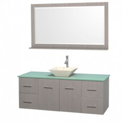 60 inch Single Bathroom Vanity in Gray Oak, Green Glass Countertop, Pyra Bone Porcelain Sink, and 58 inch Mirror