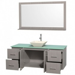 60 inch Single Bathroom Vanity in Gray Oak, Green Glass Countertop, Pyra Bone Porcelain Sink, and 58 inch Mirror