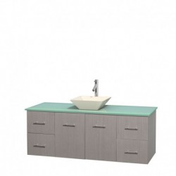 60 inch Single Bathroom Vanity in Gray Oak, Green Glass Countertop, Pyra Bone Porcelain Sink, and No Mirror