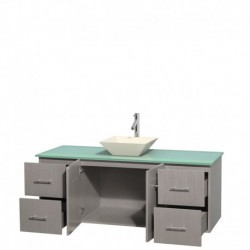 60 inch Single Bathroom Vanity in Gray Oak, Green Glass Countertop, Pyra Bone Porcelain Sink, and No Mirror