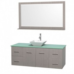 60 inch Single Bathroom Vanity in Gray Oak, Green Glass Countertop, Pyra White Porcelain Sink, and 58 inch Mirror